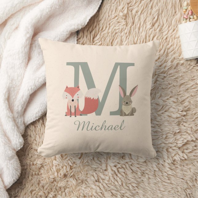 Cute Woodland Animals Friends Monogram Initial Cushion (Blanket)