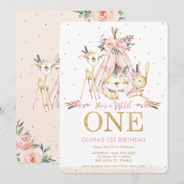 Cute Woodland Animals Girl Wild One 1st Birthday Invitation (Front/Back)