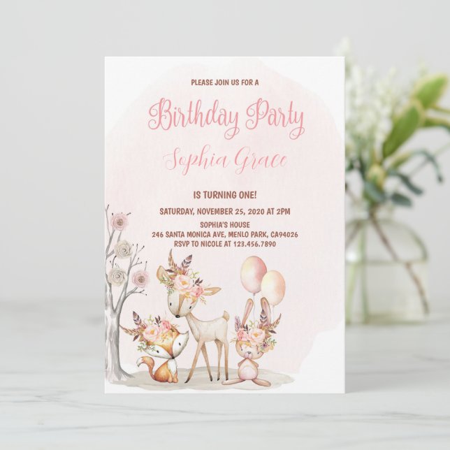 Cute Woodland Animals Girl Wild One 1st Birthday Invitation (Standing Front)