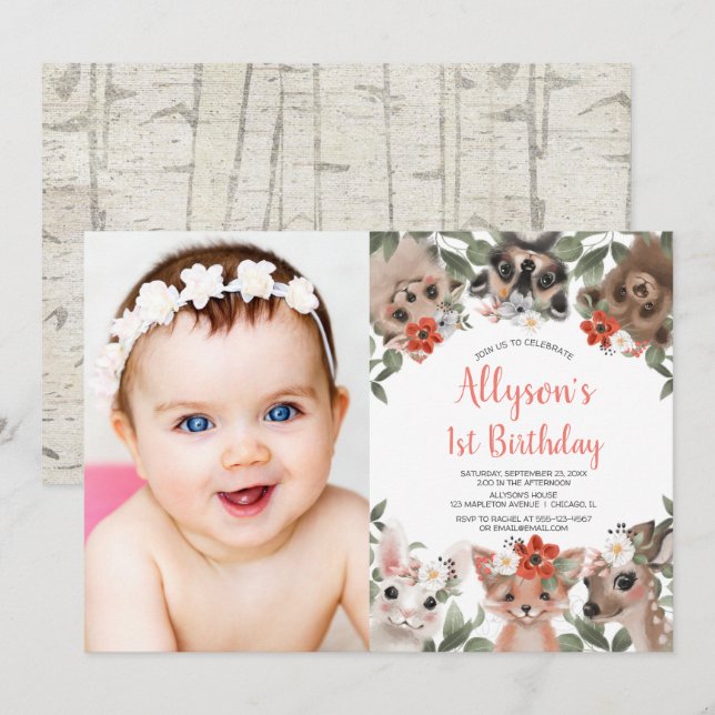 Cute woodland animals girls 1st birthday photo invitation (Front/Back)