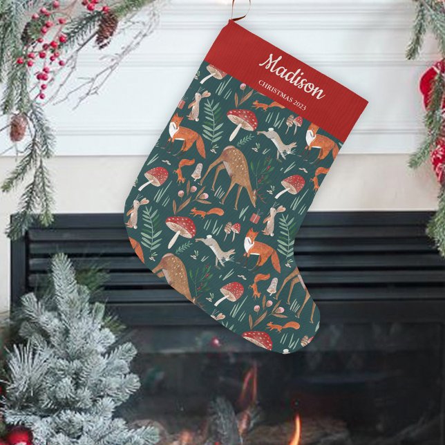 Cute Woodland Animals Green Christmas Forest Large Christmas Stocking (Cute Woodland Animals Green Christmas Forest Large Christmas Stocking)