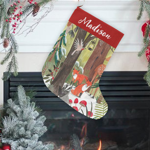 Cute Woodland animals Green Christmas Large Christmas Stocking