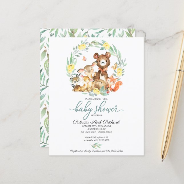 Cute Woodland Animals Greenery Baby Shower (Front/Back In Situ)
