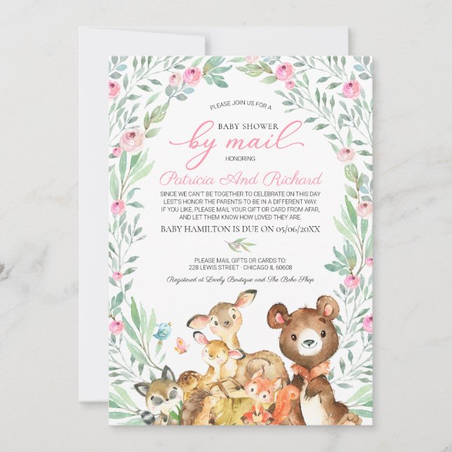 Cute Woodland Animals Greenery Baby Shower By Mail Invitation (Front)