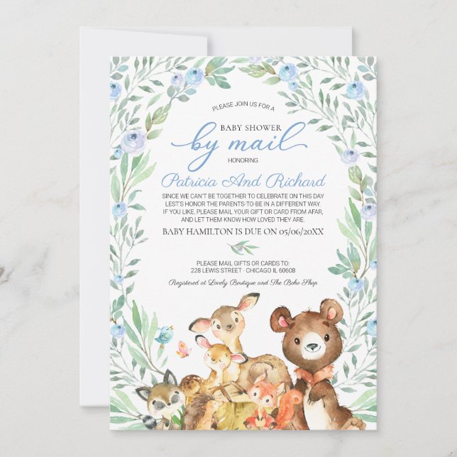 Cute Woodland Animals Greenery Baby Shower By Mail Invitation (Front)