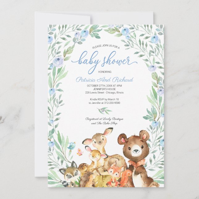 Cute Woodland Animals Greenery Baby Shower Invitation (Front)