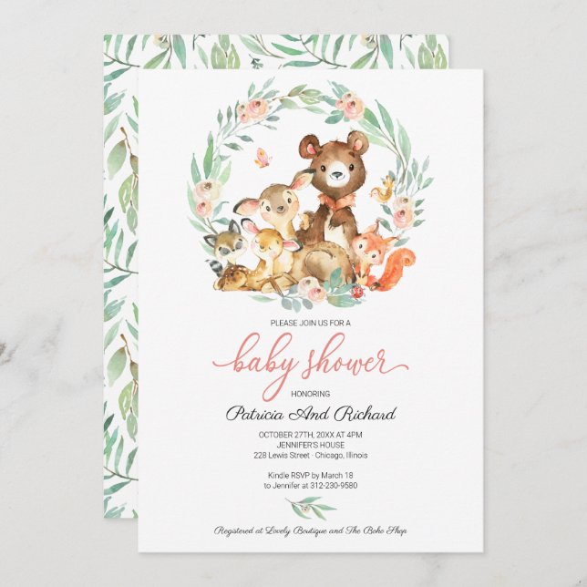 Cute Woodland Animals Greenery Baby Shower Invitation (Front/Back)