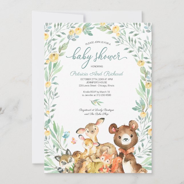 Cute Woodland Animals Greenery Baby Shower Invitation (Front)