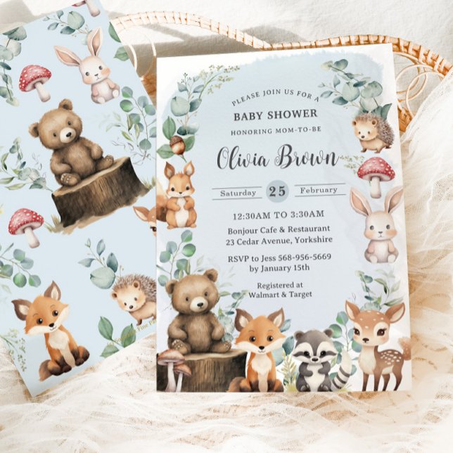 Cute Woodland Animals Greenery Blue Baby Shower Invitation (Creator Uploaded)