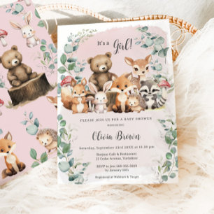 Cute Woodland Animals Greenery Girl Baby Shower Invitation