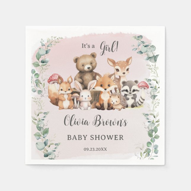 Cute Woodland Animals Greenery Girl Baby Shower Napkin (Front)