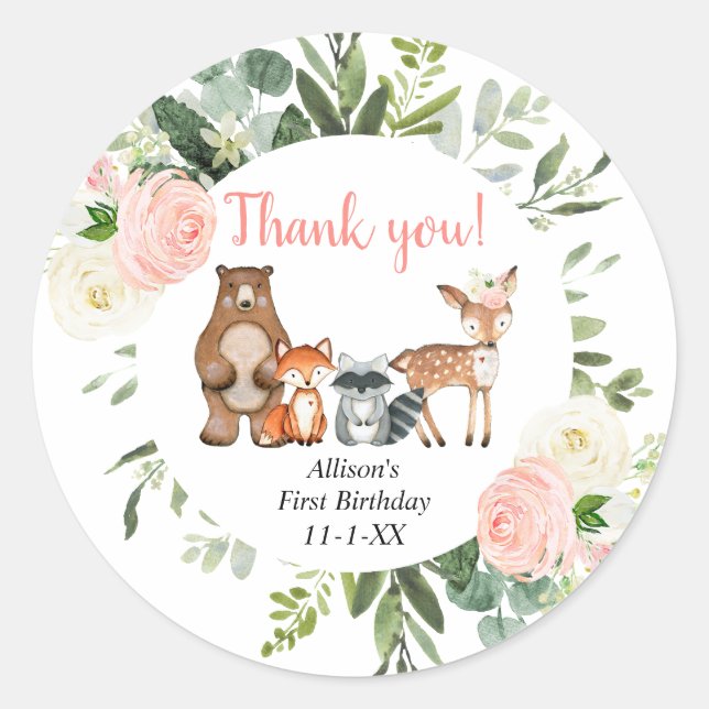 Cute woodland animals greenery girl birthday classic round sticker (Front)