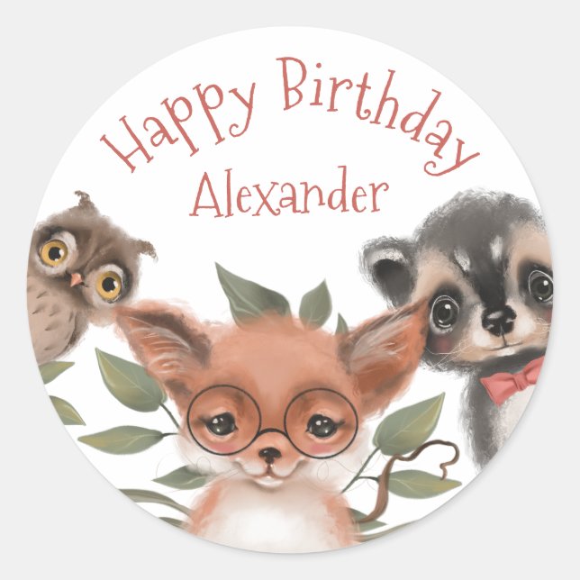 Cute Woodland Animals Happy Birthday for Boy Classic Round Sticker (Front)