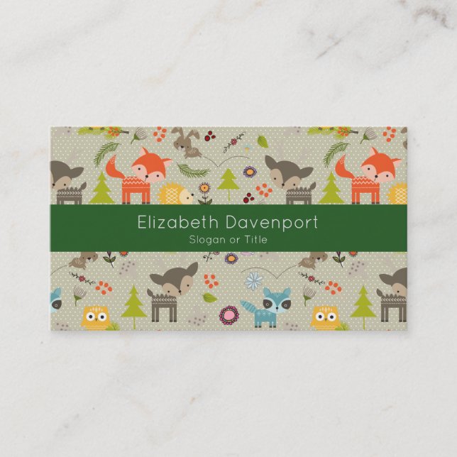 Cute Woodland Animals Illustrated Pattern Business Card (Front)