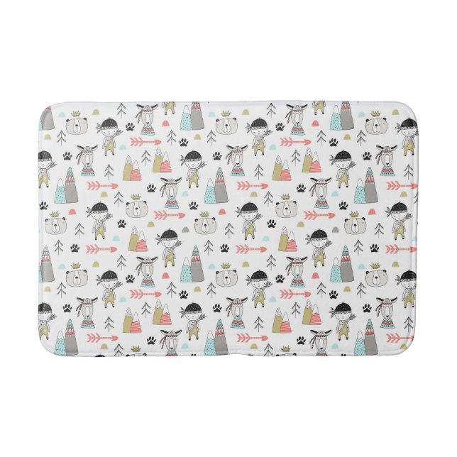 Cute Woodland Animals & Indian Boy Pattern Bath Mat (Front)