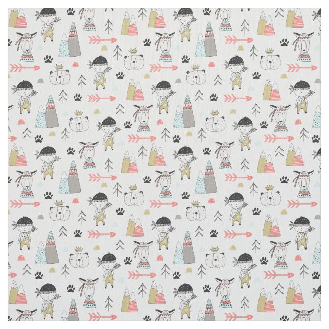 Cute Woodland Animals & Indian Boy Pattern Fabric (Swatch)