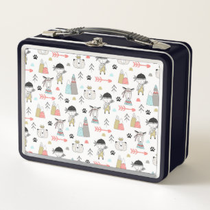 Cute Woodland Animals & Indian Boy Pattern Metal Lunch Box