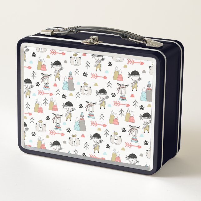 Cute Woodland Animals & Indian Boy Pattern Metal Lunch Box (Front)