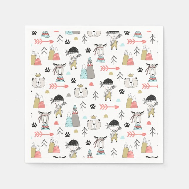 Cute Woodland Animals & Indian Boy Pattern Napkin (Front)