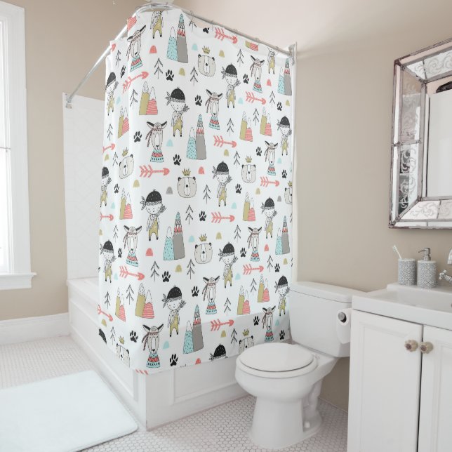 Cute Woodland Animals & Indian Boy Pattern Shower Curtain (In Situ)