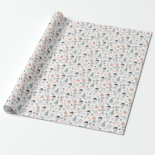 Cute Woodland Animals & Indian Boy Pattern Wrapping Paper (Unrolled)