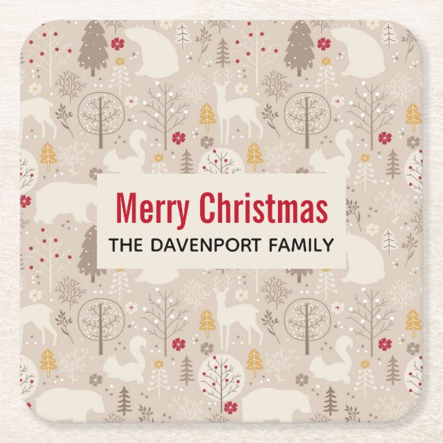 Cute Woodland Animals Nordic Pattern Christmas Square Paper Coaster (Front)