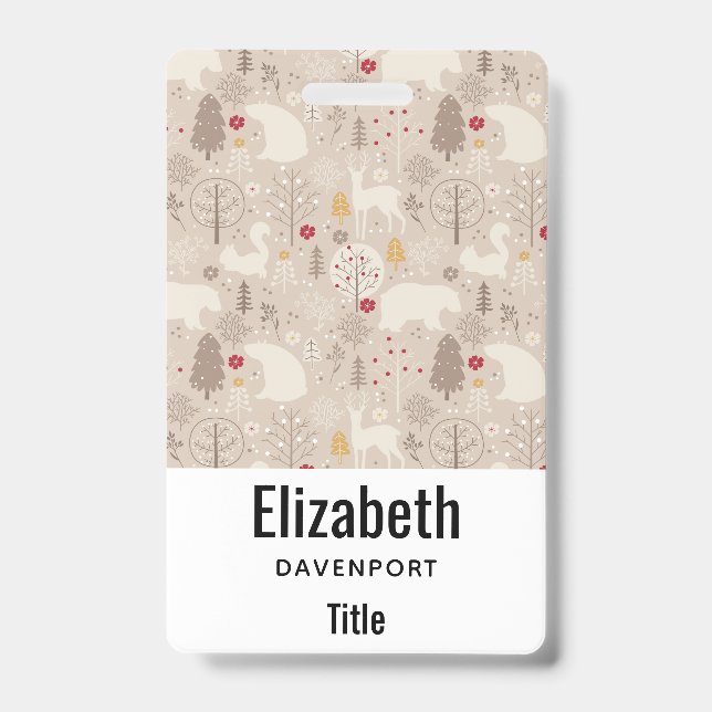 Cute Woodland Animals Nordic Pattern ID Badge (Front)