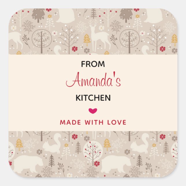 Cute Woodland Animals Nordic Pattern Kitchen Square Sticker (Front)