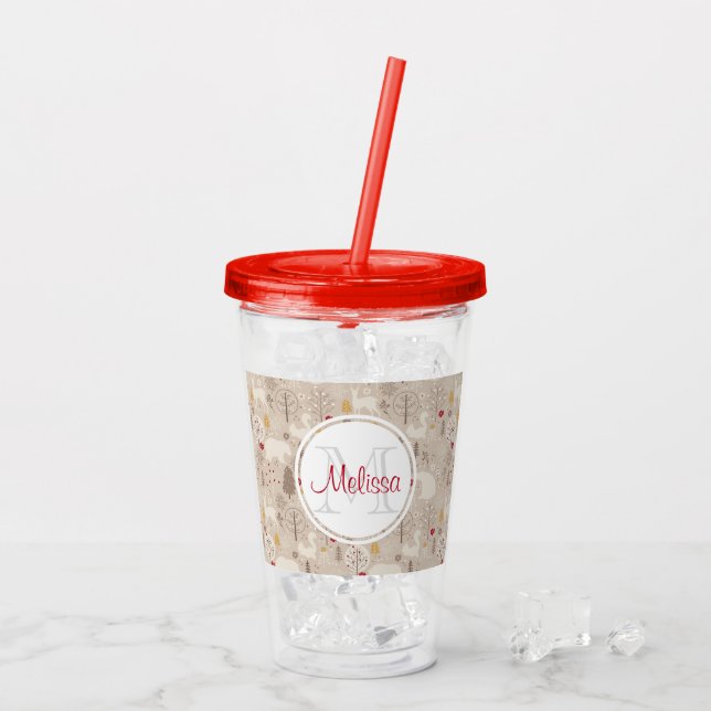 Cute Woodland Animals Nordic Pattern Monogram Acrylic Tumbler (Back Ice)
