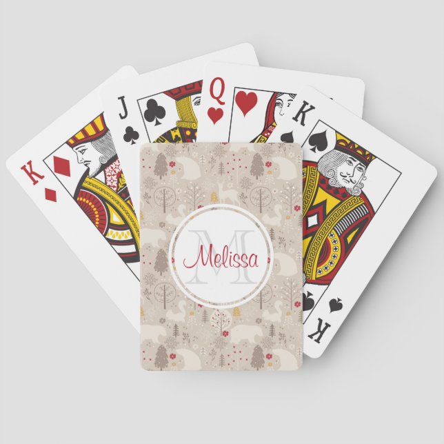 Cute Woodland Animals Nordic Pattern Monogram Playing Cards (Back)