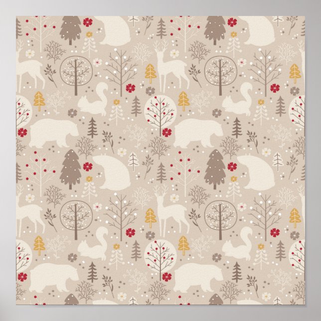 Cute Woodland Animals Nordic Pattern Poster (Front)