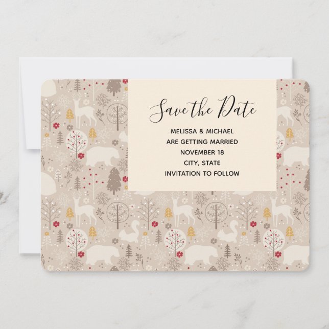 Cute Woodland Animals Nordic Pattern Wedding Save The Date (Front)