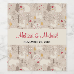 Cute Woodland Animals Nordic Pattern Wedding Wine Label