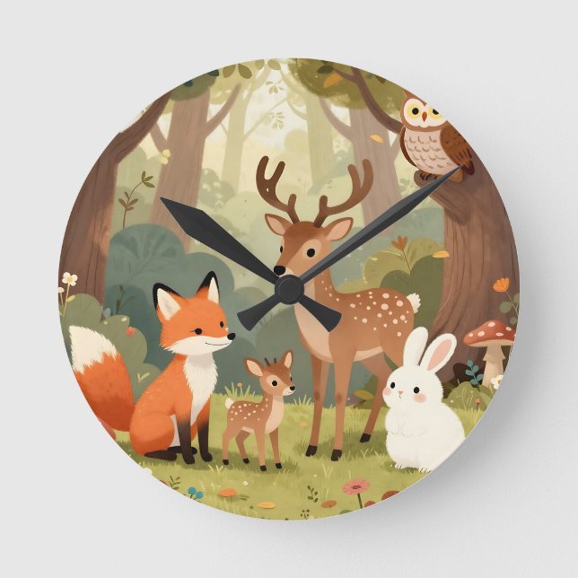 Cute Woodland Animals Nursery Scene Round Clock (Front)