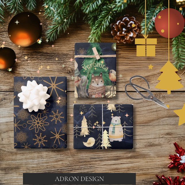 Cute Woodland animals Pattern Navy Blue Christmas Wrapping Paper Sheet (Cute Woodland animals Pattern Blue Christmas Wrapping Paper Sheets)