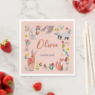 Cute Woodland Animals Pink Baby Shower Napkin
