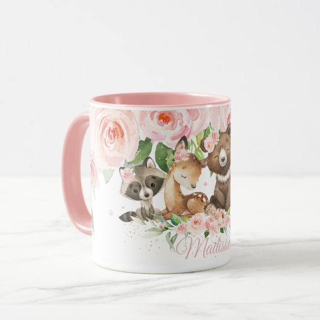 Cute Woodland Animals Pink Blush Floral Custom  Mug (Front Left)