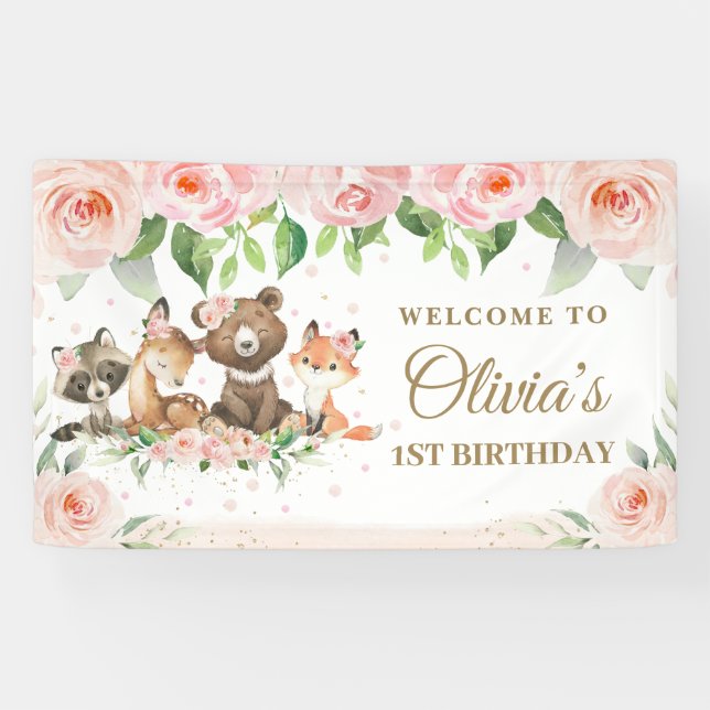 Cute Woodland Animals Pink Floral Backdrop Banner (Horizontal)