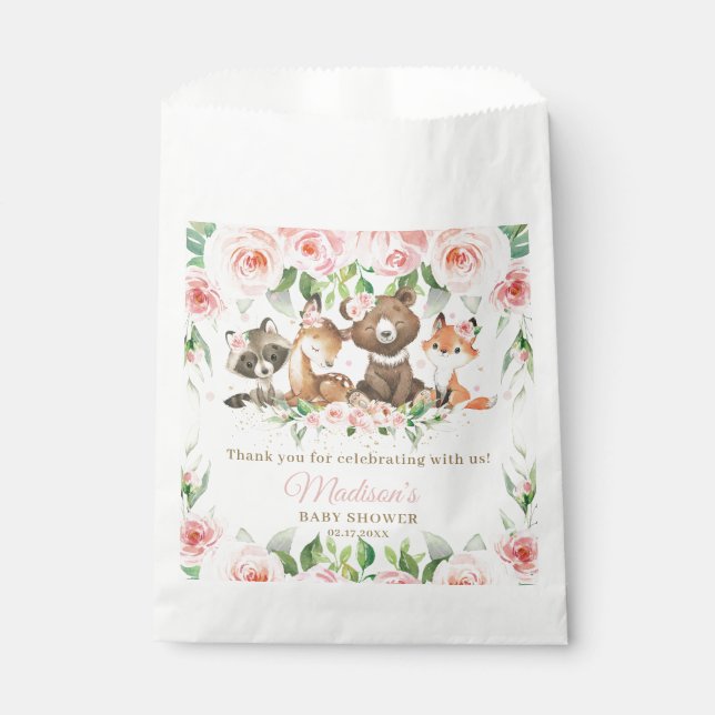 Cute Woodland Animals Pink Floral Girl Baby Shower Favour Bags (Front)