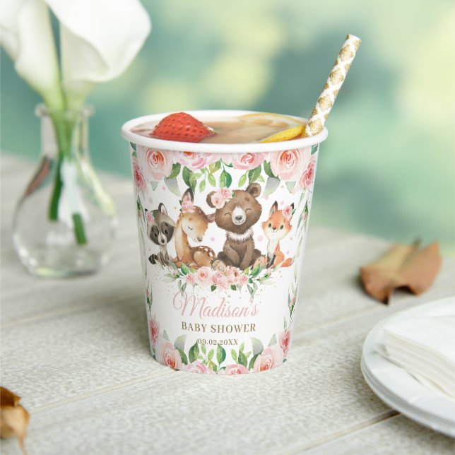 Cute Woodland Animals Pink Floral Girl Baby Shower Paper Cups (Insitu)