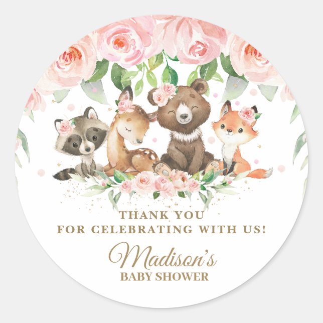 Cute Woodland Animals Pink Floral Thank You Favour Classic Round Sticker (Front)