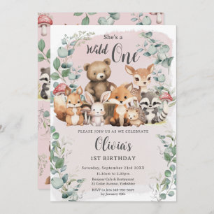 Cute Woodland Animals Pink Wild One 1st Birthday Invitation