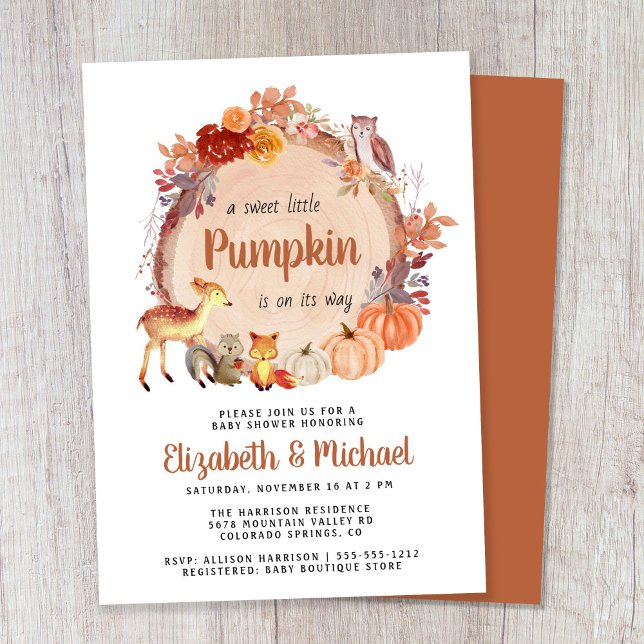 Cute Woodland Animals Pumpkin Couples Baby Shower Invitation (Celebrate the upcoming arrival of your sweet little autumn baby with a pumpkin-themed baby shower)