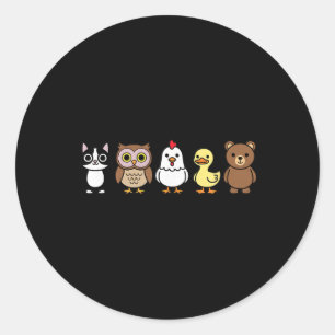 Cute Woodland Animals Row Cat Owl Chicken Duck Bea Classic Round Sticker