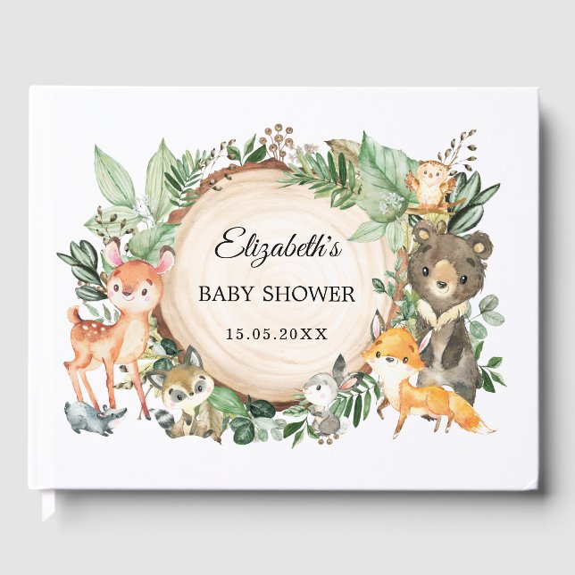 Cute Woodland Animals Rustic Greenery Baby Shower Guest Book (Front)