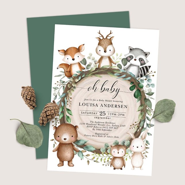 Cute Woodland Animals Rustic Greenery Baby Shower Invitation (Creator Uploaded)