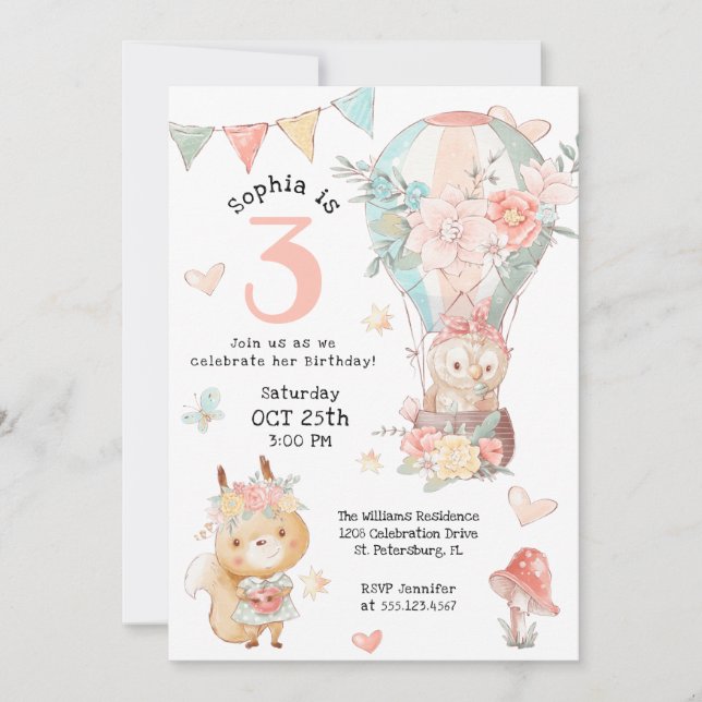 Cute Woodland Animals Watercolor Birthday for Girl Invitation (Front)