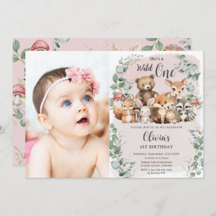 Cute Woodland Animals Wild One 1st Birthday Photo Invitation
