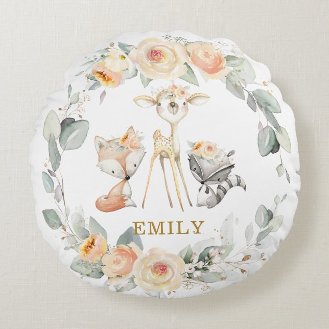 Cute Woodland Animals Yellow Floral Greenery  Round Cushion (Front)