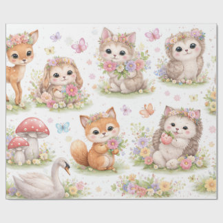 Cute Woodland Baby Animals Floral Wrapping Paper